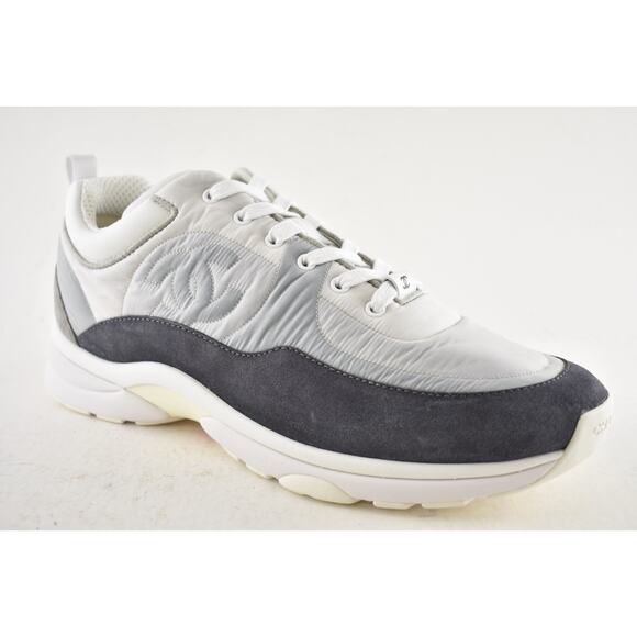 Chanel Mens 21C Grey Suede Ecru Nylon CC Logo Lace Low Top Trainer Sneaker 44 11 - Picture 4 of 12